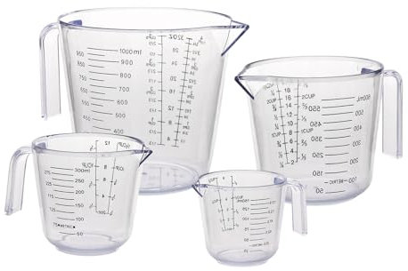 Gucass Juego de 4 Jarras Medidoras de Plástico de 150ml 300ml 600ml 1000ml, Vaso Medidor Transparente con Asa, Báscula Precisa, para Detergente Cocina Laboratorio