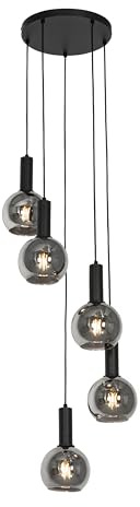 Qazqa Art Deco Pendelleuchte, Pendellampe - Josje - Schwarz mit Rauchglas, Rund, 5-flammig,