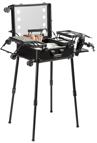 VEVOR Makeup Train Case with Lock, Lighted Mirror, 4 Storage Trays, Brush Holder, Travel Cosmetic Organizer Box w/Swivel Wheels, Professional Artist Trolley Studio Free Standing Case