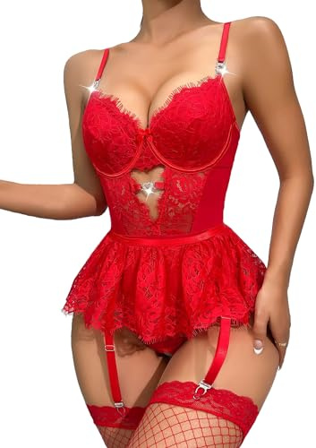 Aranmei Body Sexy da Donna con Minigonna in Pizzo Set Lingerie Babydoll Body Teddy con Calze a Rete per Club San Valentino, Rosso, M