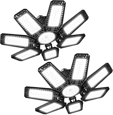 YIQIBRO Lampada da Plafoniera LED Garage Soffitto - 35W 3500LM 6500K Lampada da Garage a LED 2 Pezzi con 7+1 Pannelli Deformabili E27/E26 per Officine, Scantinati