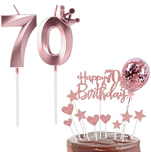 Bolosa 70th Birthday Candles Set, Number 70 Candle, Cake Topper, Decorations for Girls & Boys Party, Wedding Anniversary (Rose Gold, Number 70)
