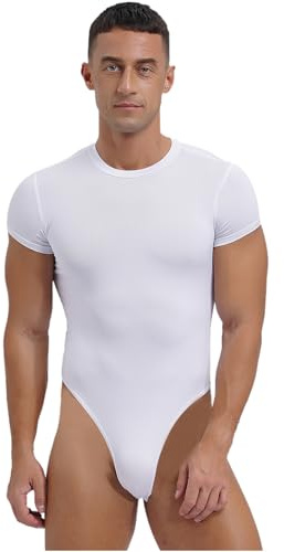 ranrann Männer Body Kurzarm Unterhemd Shirt Eng Einteiler Bodysuit Stringbody Leotard Hohe Beinausschnitt Herren Unterwäsche Dessous Weiß L
