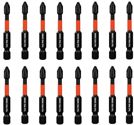 16 PCS 50mm PH2 Impact Duty Phillips Screwdriver Drill Driver Bits Sets, 1/4 Inch Standard Hex Fitting Magnetic Screwdriver Bits for Impact Drivers Compatible with Dewalt Milwaukee Bosch Makita