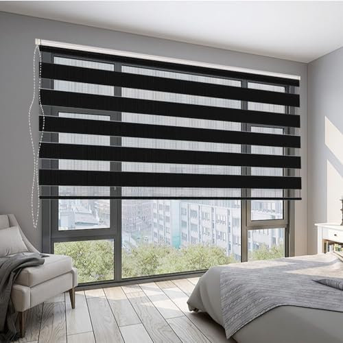 Verdunkelungsrollo Klemmfix 60 x 180 cm Hitzeschutz Energiesparend Fensterrollo Zebrarollo Seitenzugrollo Einfache Installation für Wohnzimmer Küche Büro, Schwarz