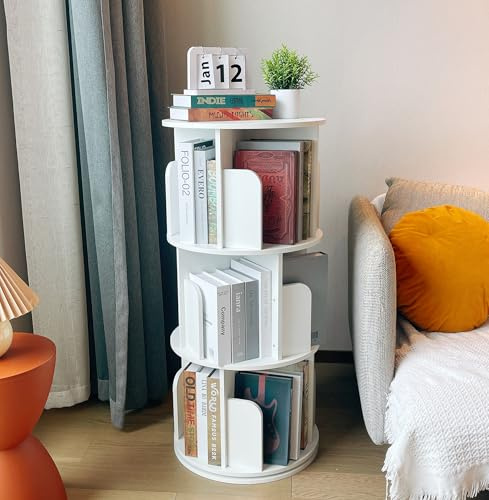 Heehee Massivholz Drehbares Bücherregal, 360-Grad-Display bodenstehendes Lagerregal für Kinder und Erwachsene multifunktionaler Bücherregal-Organizer (3-Stöckig-Weiß)