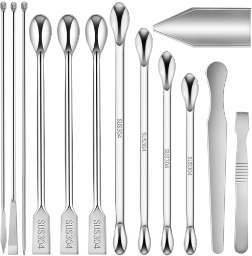 Artcome Juego de herramientas de laboratorio de acero inoxidable 304 – Kit de medición y muestreo de 13 piezas, incluye cucharas de doble extremo, espátulas, espátula de agitación larga, bandeja de