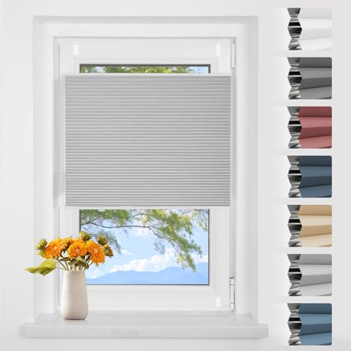 Verdunklungsplissee Wabenplissee ohne Bohren Weiß-hellgrau 85x90cm(BxH) Thermo Plissee ohne Bohren Verdunkelung Zweifarbig 100% Blickdicht Sonnenschutz & Schallschutz Plisseerollo Klemmfix