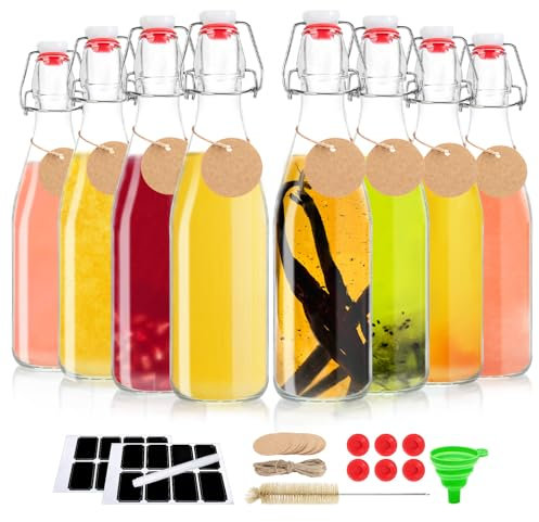 Ruckae Botellas de vidrio con tapa abatible, botella de vidrio abatible con tapas, botella de kombucha sellable para cerveza, jarabe de cerveza, extracto de vainilla, botellas herméticas para regalo