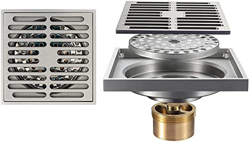 4-Zoll-Quadrat-Duschablauf, Messing-Duschbodenablauf mit Abnehmbarer Abdeckung, Gitterrost, Bodenablauf mit Haarsieb für Küche, Waschraum, Garage und Keller, gebürstetes Nickel