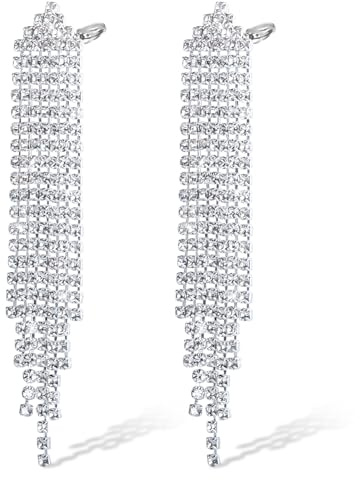 Orecchini a Clip per Donna, Kucheed Orecchini Pendenti con Nappe con Strass Orecchini Pendenti in Argento, Leggeri orecchini a bottone con Frange di Cristallo Lunghi Non Forati Gioielli (B2)