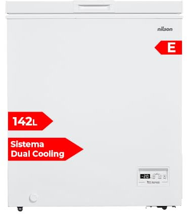 Nilson Congélateur Coffre Blanc NCH1500EDC. Capacité 142 Litres, Dual Cooling, 4 Étoiles, Porte Sens Unique, Technologie Cyclique, Porte Abattante, 1 Panier, 40 dB, Classe E