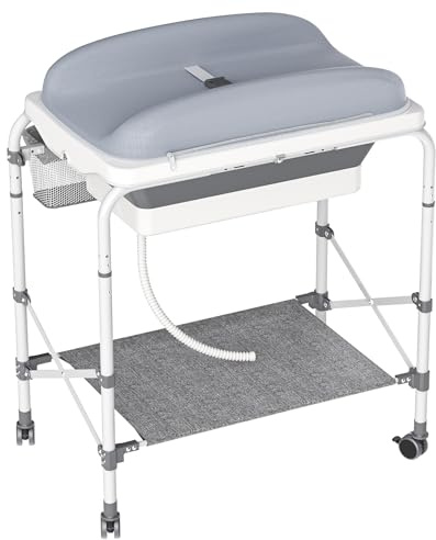HENGMEI Baby Wickeln 88X52X101cm Klappbarer Wickeltisch mit Badewanne Wickelaufsatz Mobiler Wickelkommode mit Rädern Wickelstation Höhenverstellbar mit Aufbewahrungskorb Bade Wickelkombination