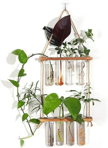 Pangutiandi 2-Tier Wall-Mounted Plant Propagation Station with Wooden Stand & UV-Resistant Glass Tubes - Hydroponic Planter for Indoor/Outdoor, Space-Saving Home Office Garden Decor