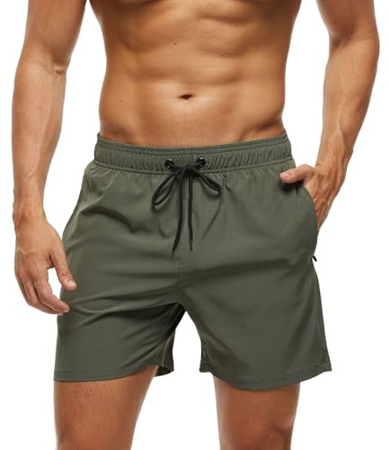 Monstoyo Bañador Hombre Secado Rápido Traje de Baño Hombre Bolsillo Cremallera Bañadores Short de Playa Surf Piscina Natación Impermeable Pantalones Cortos Forro Malla y Cordón M Verde Militar
