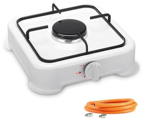 Hornillo de Gas 1 Fuego Cocina Portátil + Manguera de Presión Estufa para Camping, Playa, Jardin y Hogar 28x28x7cm, Color Blanco