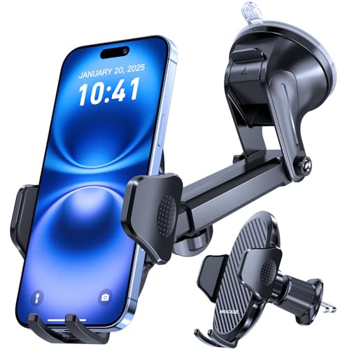 Miracase 2025 Handyhalterung Auto【Upgrade Doppelhaken & Rüttelfester Saugnapf】 4 in 1 Handy Halterung Auto 360° Drehbar Stabiler Handyhalter Auto auf Lüftung Scheibe für iPhone Samsung Smartphone