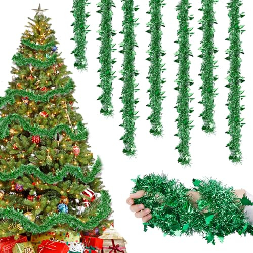 16M Lametta Weihnachtsbaum Grün, 8 Stück Weihnachtsdeko Girlande Lametta Grün Weihnachtsgirlande, Weihnachtsdekoration Hängende für Outdoor Geburtstagsparty Weihnachtsbaum Girlande Dekoration