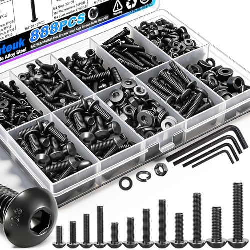mxuteuk 888PCS Metric Screw Assortment Kit,M2 M3 M4 M5 Machine Screws,10.9 Grade Alloy Steel Metric Hex Button Head Cap Screws Nuts and Flat Washers Assortment Kit for 3D Printing