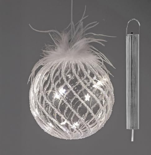 Weihnachtskugel LED Timer Glaskugel 12cm zum Hängen Hängedeko Glas weißen Federn & Licht - Batteriebetrieben -Elegante LED Kugel als festliche Weihnachtsbeleuchtung & Lichtdeko für Zuhause