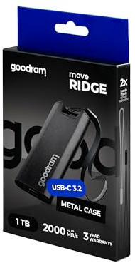GoodRam Move Ridge Black – Extern hårddisk – SSD 1 TB – Läsningshastighet max. 2000 MB/s, skrivhastighet max. 2000 MB/s – USB 3.2 Gen. 2 x2 Type-C – med metallhölje – 75x32x9,5 mm