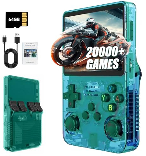R36S Retro Handheld Games Console, 20,000+ Classic Games Portable Pocket Video Player with 3.5 Inch HD Screen, 64G TF Card, Open Source Linux System Screen for Teens and Adults (Green 64G)