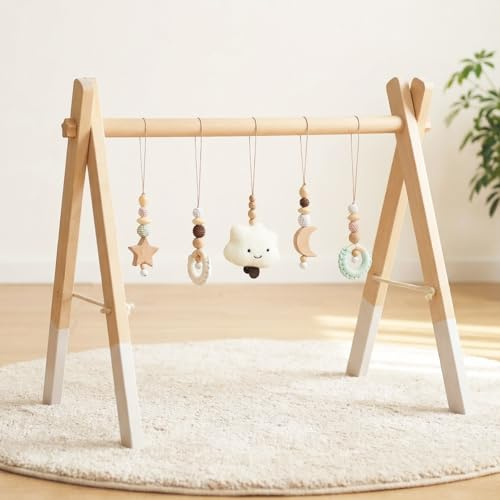 let's make Gimnasio de juego Montessori de madera para bebés con 5 juguetes sensoriales desmontables, alfombra de actividades plegable para bebés, regalo para recién nacidos de 0 a 18 meses (Estilo B)