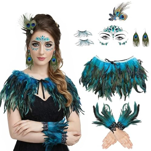 6 Stücke Pfau Kostüm Damen, Pfauen Kostüm Damen, mit Pfauenfedern Schultertuch, Feder Manschetten Hand, Pfau Kopfschmuck und Ohrringen, für Karneval Cosplay Kostümfeste