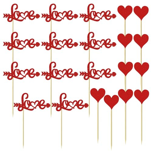 22 Stück Valentinstag Cupcake Topper, Rote Herzen Kuchendeko, Glitzer Herzen Zahnstocher Flaggen Dekorative Zahnstocher Cupcake Deko für Valentinstag Geburtstag Hochzeit Party Tortendeko