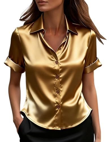 Blusas de Mujer Elegantes Fiesta de Satén Blusa Elegante Raso Color Sólido Camisa Talla Grande Moda Básico Top Manga Corta Oficina Tops Cuello Abierto Versátiles Camiseta Cómodo Chic Casual Boda