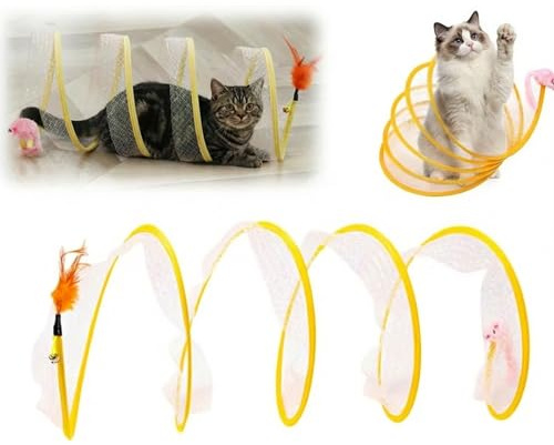 MaciRept Faltbarer Katzentunnel Interaktives Katzenspielzeug Spieltunnel für Haustier Cat Tunnel Katzen Spielzeug Katzenspielzeug Spirale Tunnel mit Federn