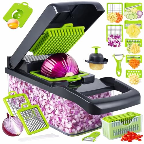 Vegetable Chopper Pro Series 16-in-1 – Onion & Veg Chopper, Mandoline Slicer & Food Cutter with Container, 7 Blades, Spiralizer & Peeler – Kitchen Gadget for Salad, Potato & Meal Prep
