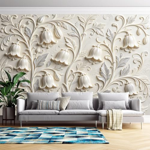 3D Effect Self Adhesive Wallpaper Bellflower Floral Faux Embossed Wallpaper Luxury Removable Stick On Contact Paper for Living Room-Bedroom-Custom- Wall Decoration 280Cm(H) X460Cm(W)