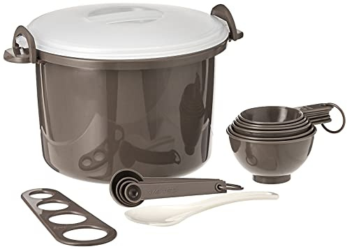 Prep Solutions by Progressive Microwaveable Rice and Pasta Cooker-17 Piece Set Includes Measuring Spoons and Cups, Rice Paddle, Steaming Insert, Pasta Measurer and Locking Lid-12 Cup Capacity BPA FREE, Gray