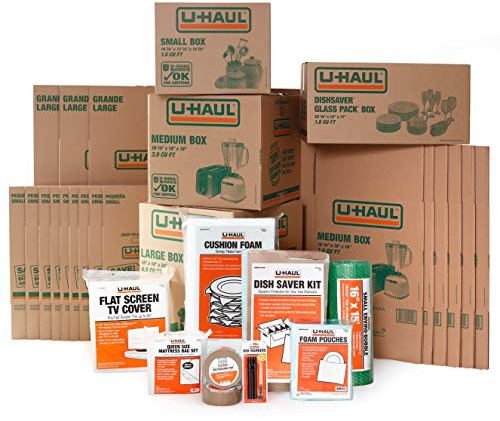 U-Haul Apartment Moving Kit - 21 Boxes, 1 Dish Packing Kit, Foam Pouches, Tape, Mattress Bag, TV Cover, and Other Assorted Packing Supplies