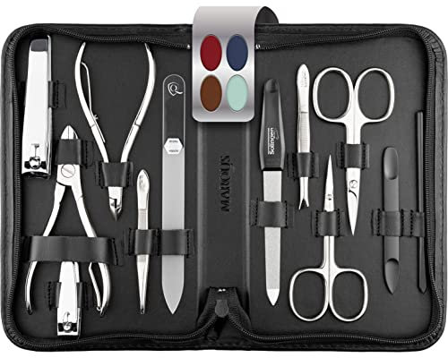 marQus Solingen Maniküre Pediküre Set - 12 Teile in Echt Leder Etui handlich und weich - Komplett Kit mit allem für die Hand- und Fußpflege, Nagelset Schwarz