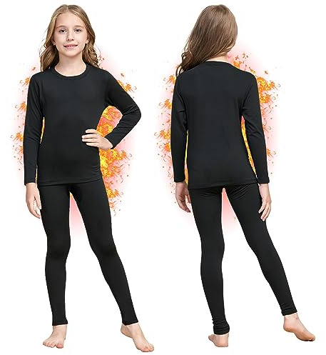 HEROBIKER Girls Ultra Soft Fleece Lined Thermal Underwear Kids Long Johns Top Bottom Set for Winter (Black, Small)