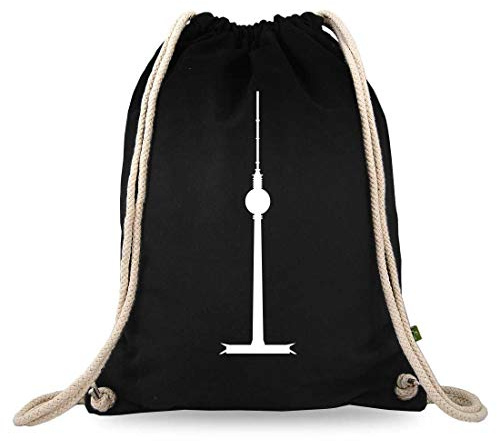 Turnbeutelliebe® Turnbeutel mit Motiv - Fernsehturm - Baumwolle schwarz - Sportbeutel - Rucksack - Stoffbeutel - Gym Bag- ca. 12 Liter - 37 x 46 cm