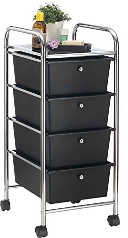 IDIMEX Badregal Rollwagen Rollcontainer GINA, mit 4 schwarzen Schubladen und Metallgestell in Chrom