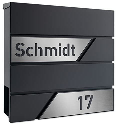 AlbersDesign - Personalisierter Design Briefkasten individuell mit Name/Anthrazit (RAL7016) - mit individuellen Edelstahl-Schildern
