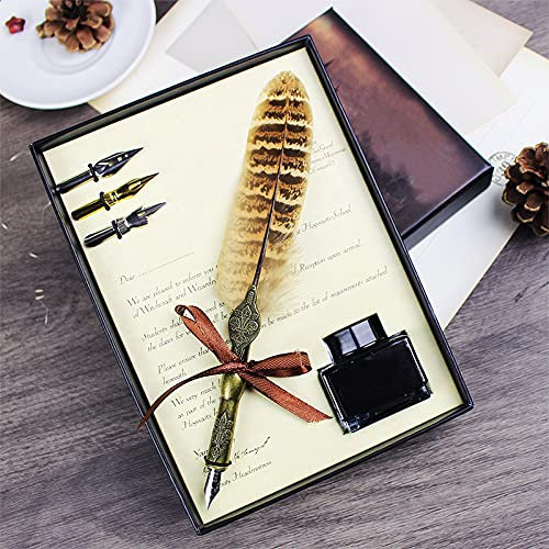 HCSUI Schreibfeder Kalligraphie Feder Vintage Federstift Tinte Set Antiken Feder Kalligraphie Stift Geschenkset mit 3 Federn und Tinte für Kinder Freund