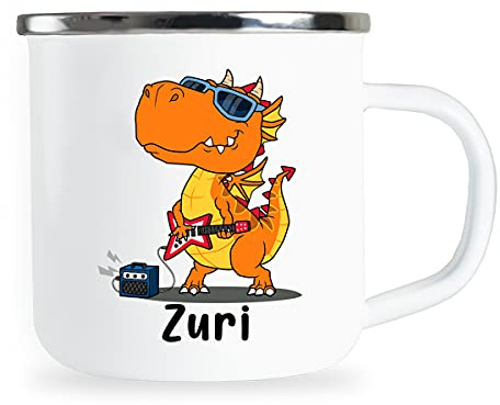 Zuri Personalisierte Kindertasse mit Name und lustigem Dinosaurier Motiv Emaille Tasse individuelle Geschenke Kind Geburtstag Junge Mädchen Metallbecher Emailletasse Geschenkidee