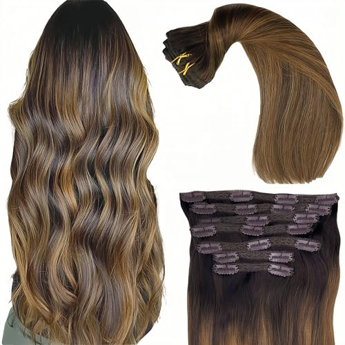 Eufficco Real Human Hair Lace Clip In Hair Extensions Thick ends Ombre Piano Color Dark Brown Roots/Chestnut Blonde 14inch 100g Highlights Balayage Double Wefted Silky Soft Human Hair Extensions