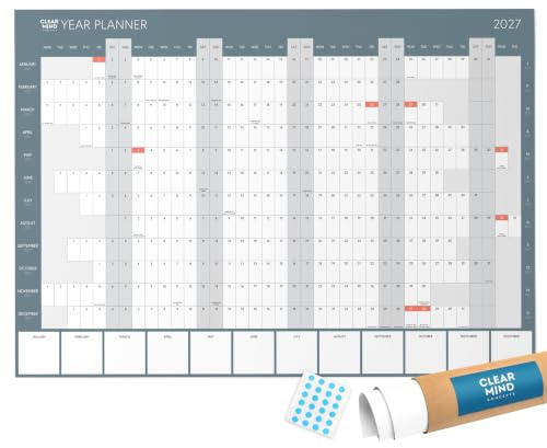 A1 Wall Planner 2026 UK - Rolled Year Calendar 84.1 x 59.4 cm on 300gsm Silk Paper - Large Annual Wall Chart with UK Bank Holidays - Home Office Planner by Clear Mind Concepts®