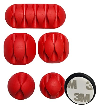 5 Piece Cable Holder Set Red Self-Adhesive 3M Cable Clips Cable Guide Cable Management for Desk USB Charging Cable Clamps Power Cable Audio Cable