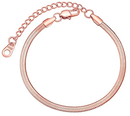 FOCALOOK Damen klassische Armkette Rosegold vergoldet 16+5cm Schlangenkette Armband 3mm breit Flache Gliederarmband Handgelenk Kette Modeschmuck Accessoire für Mädchen
