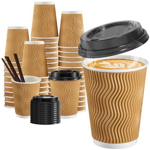 SIUQ 12 oz Coffee Cups-90 Pack Disposable Coffee Cups with Lids and Straws, Insulated Ripple Wall To Go Paper Coffee Cup for Coffee, Hot Chocolate and Hot Tea Drinks - Champagne