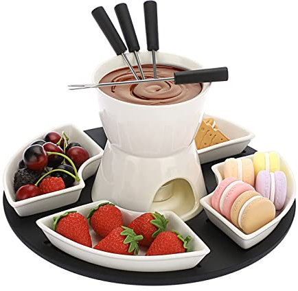 BSTKEY White Ceramic Chocolate Fondue Pot Set Cheese Ice Cream Warmer, 300ml Butter Fondue Set Tea Light Candle Fondue Pot with Wooden Pallet and 4 Forks and 4 Dishes