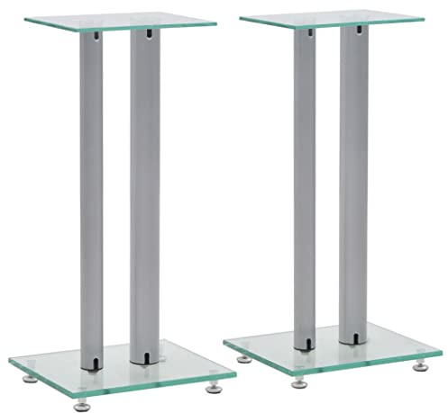 WIFFSE Support Haut Parleur 2 Pcs Verre Trempé Design Moderne 2 Colonnes Argenté 61 cm de Hauteur Pieds d'Enceintes avec Patins en Plastique Antidérapants pour Home Cinema Bureau