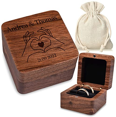 Hochzeit Ringkissen Ringschachtel mit Wunschgravur - Motiv: Hände mit Herz - personalisiert - mit Geschenkbeutel - schwarze Einlage - Echtholz Schmuckschatulle - Heiratsantrag - love, ring